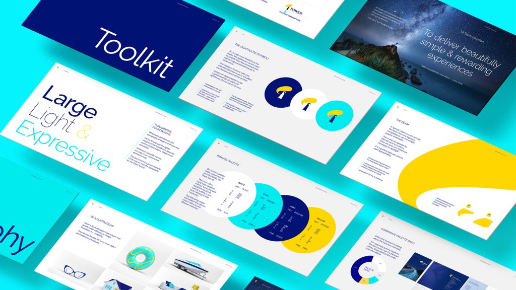 An illustration depicting various pages of the Tower website design