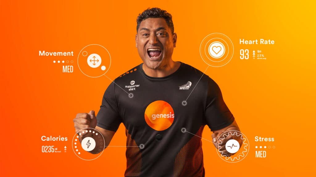 Image of a man wearing the Genesis Supporter Shirt. Infographics are overlayed on top of the image depicting the technologies included in the shirt.