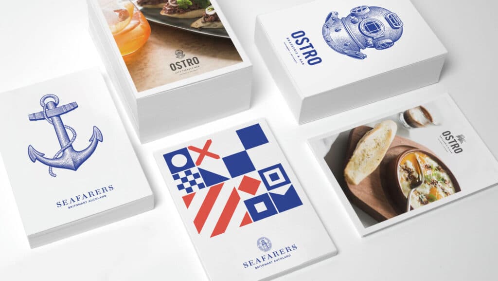 An image displaying brand designs for the restaurant Ostro