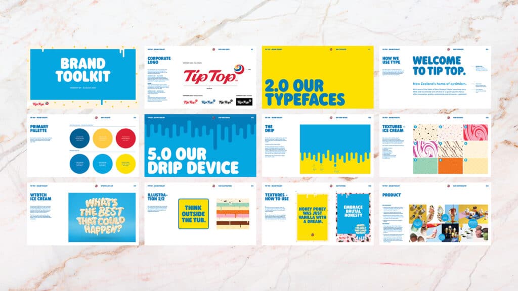 An image displaying various pages of the Tip Top Brand Toolkit design