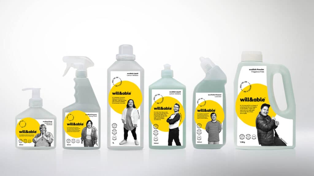 An image showing multiple cleaning product bottles with Will&Able branding stickers