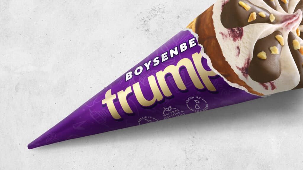 A graphic depicting a Tip Top Boysenberry Trumpet ice cream